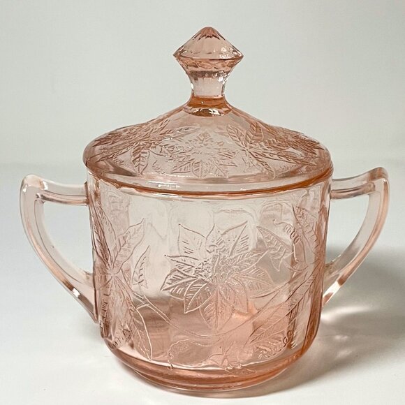 Cream and sugar set, pink poinsettia pattern by Jeannette Glass - Picture 8 of 8